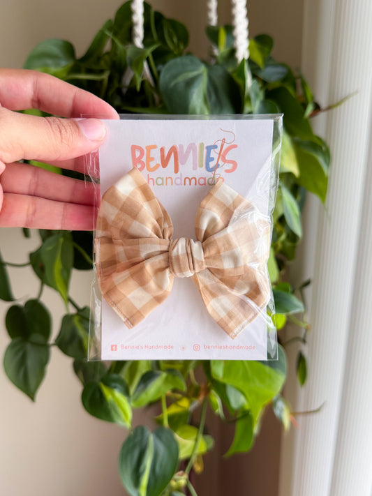 Tan Gingham - 4" bow on clip