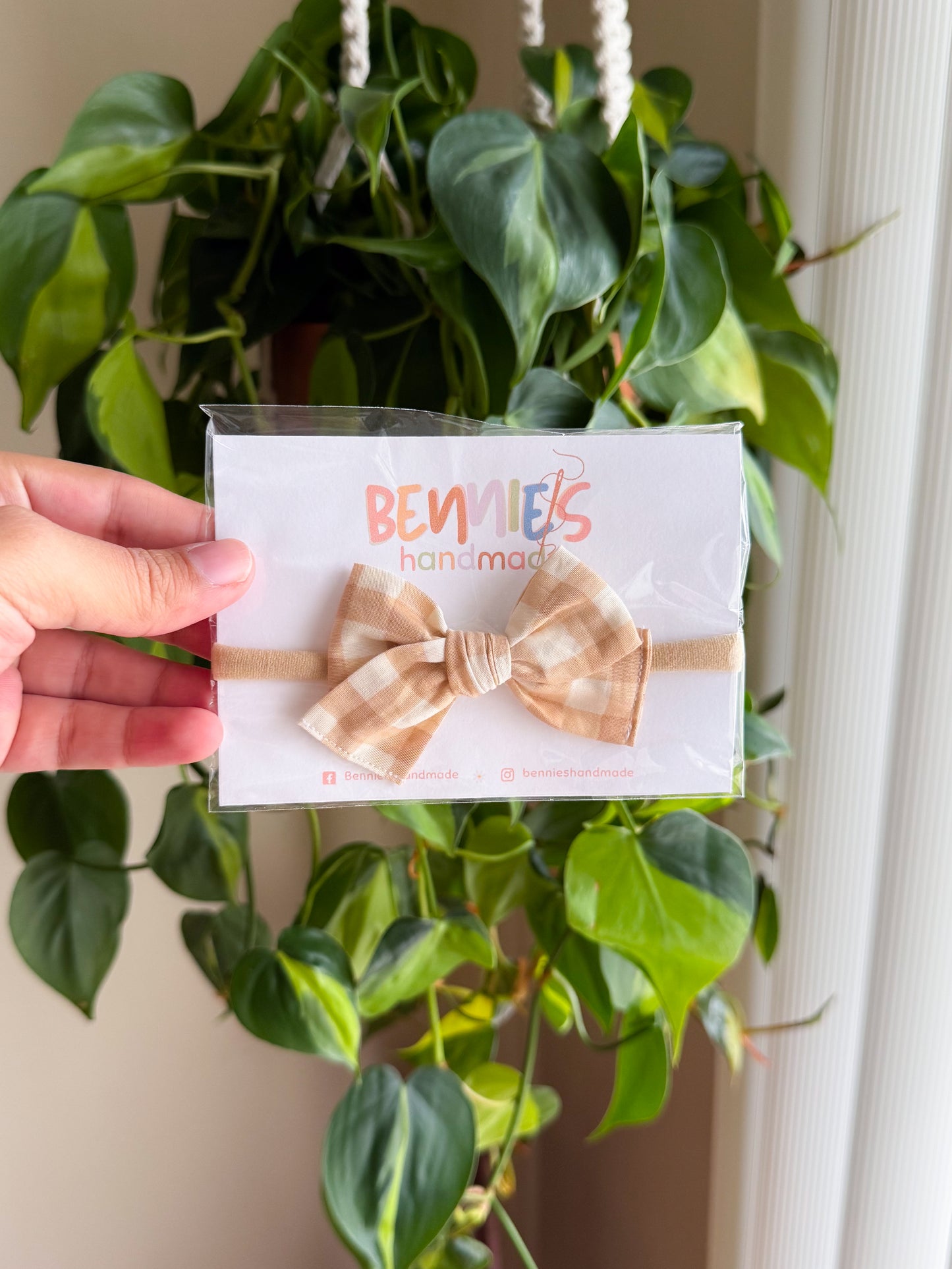 Tan Gingham - 3" bow on nylon