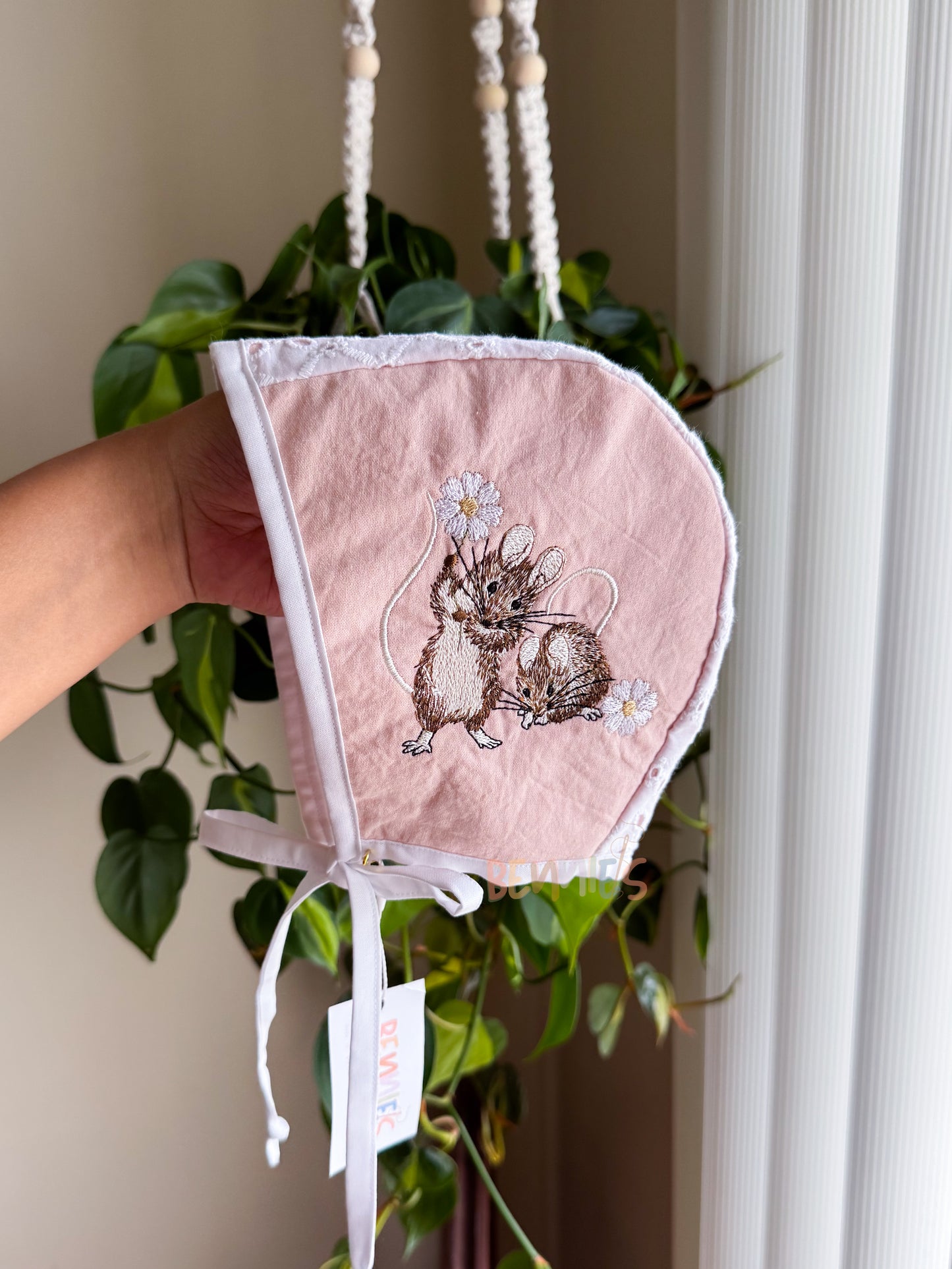 Mouse Embroidered Bonnet - Large