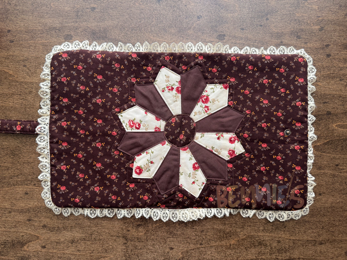 (Flawed) Brown Floral + Lace Trim Bible Cover - Medium