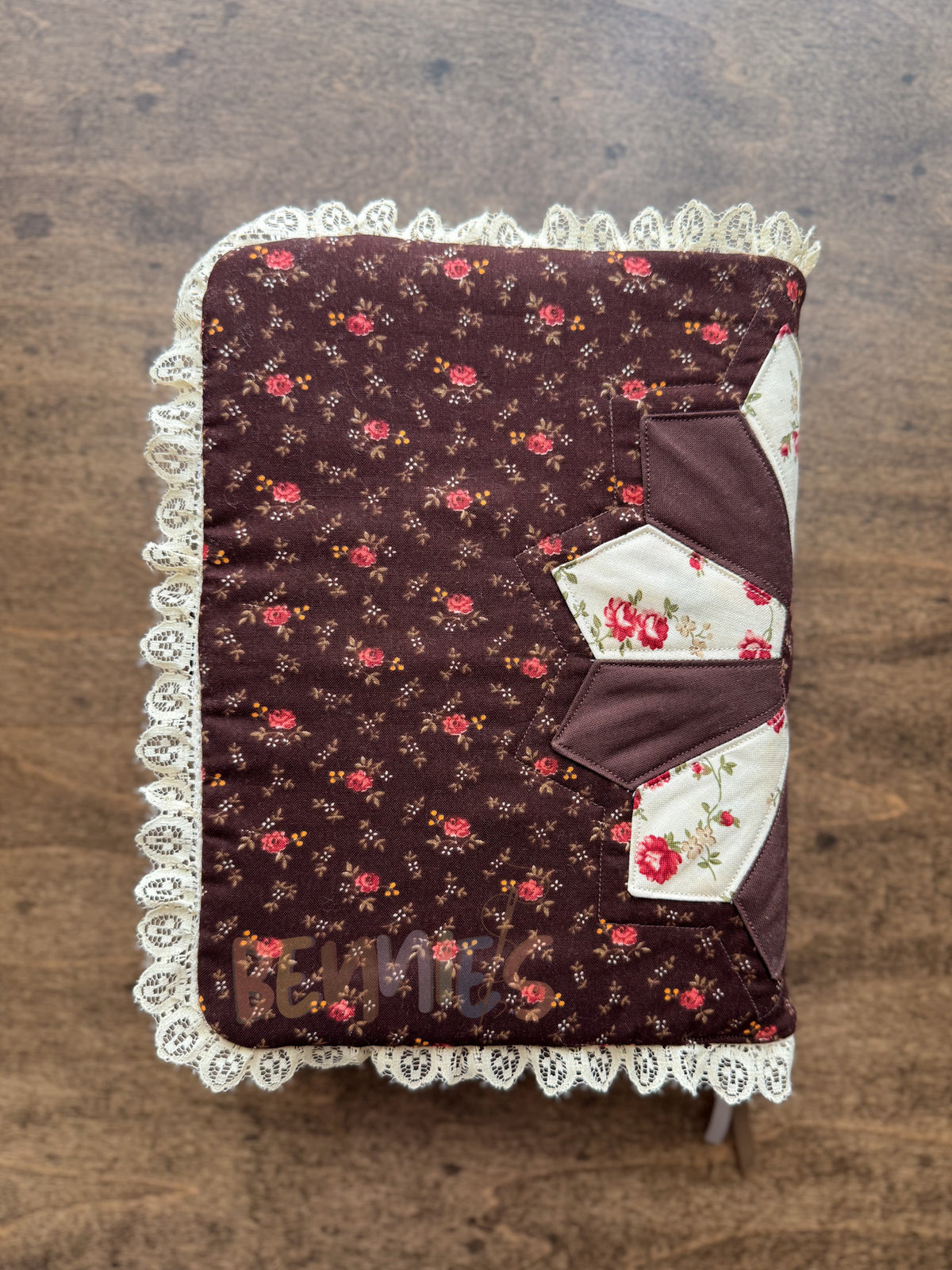 (Flawed) Brown Floral + Lace Trim Bible Cover - Medium