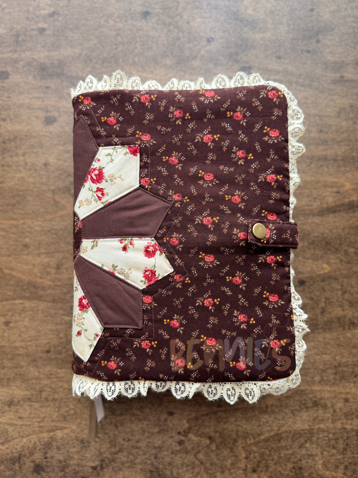 (Flawed) Brown Floral + Lace Trim Bible Cover - Medium