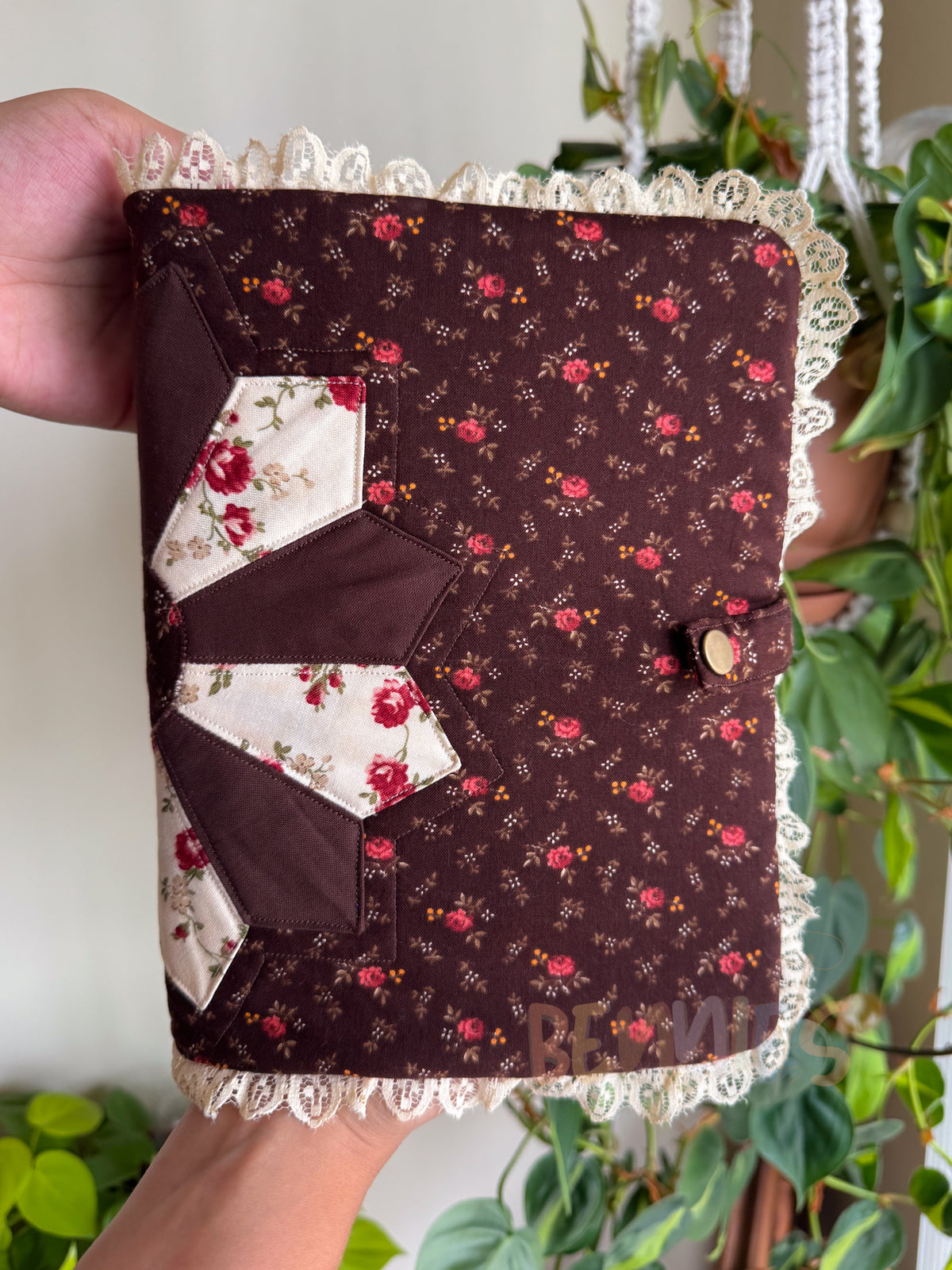 (Flawed) Brown Floral + Lace Trim Bible Cover - Medium